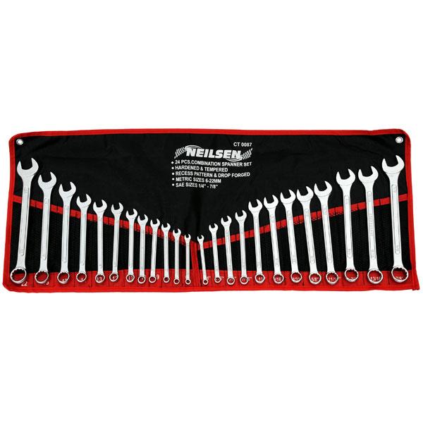 24pce Af And Metric Combination Spanner Set - Drop Forged In Tool Roll