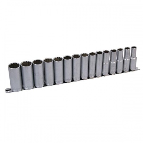 15 Piece 1/2'' Dr Deep Socket Set With Storage Rail - 12 Point Drive