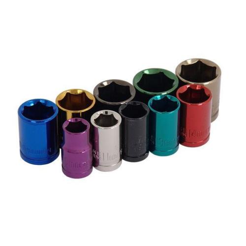 Metric Coloured 3/8'' Drive Sockets 10mm - 19mm Single Hex On Rail