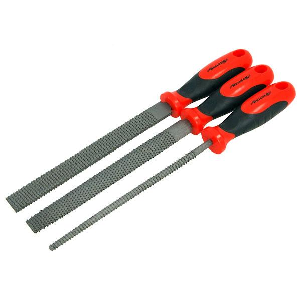 3pc Wood Rasp File Set Comfort Grip Handle Flat, Round & Half Round Files