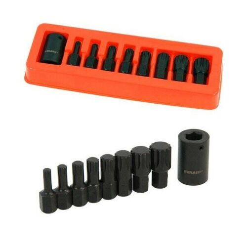 9pc Impact Spline Bit Set With 1/2'' Drive Adaptor Socket 12 Point M6 To M18 Bits