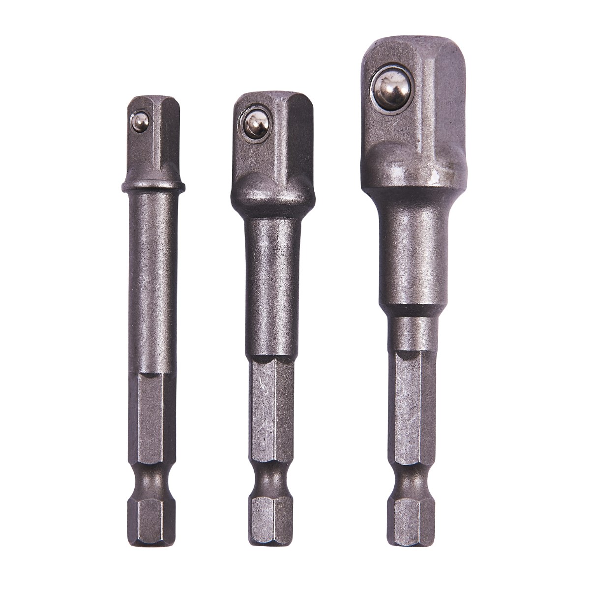 3pc DRILL SOCKET ADAPTOR SET 1/4'' Hex To 1/4'' 3/8'' 1/2'' Square Socket Drive